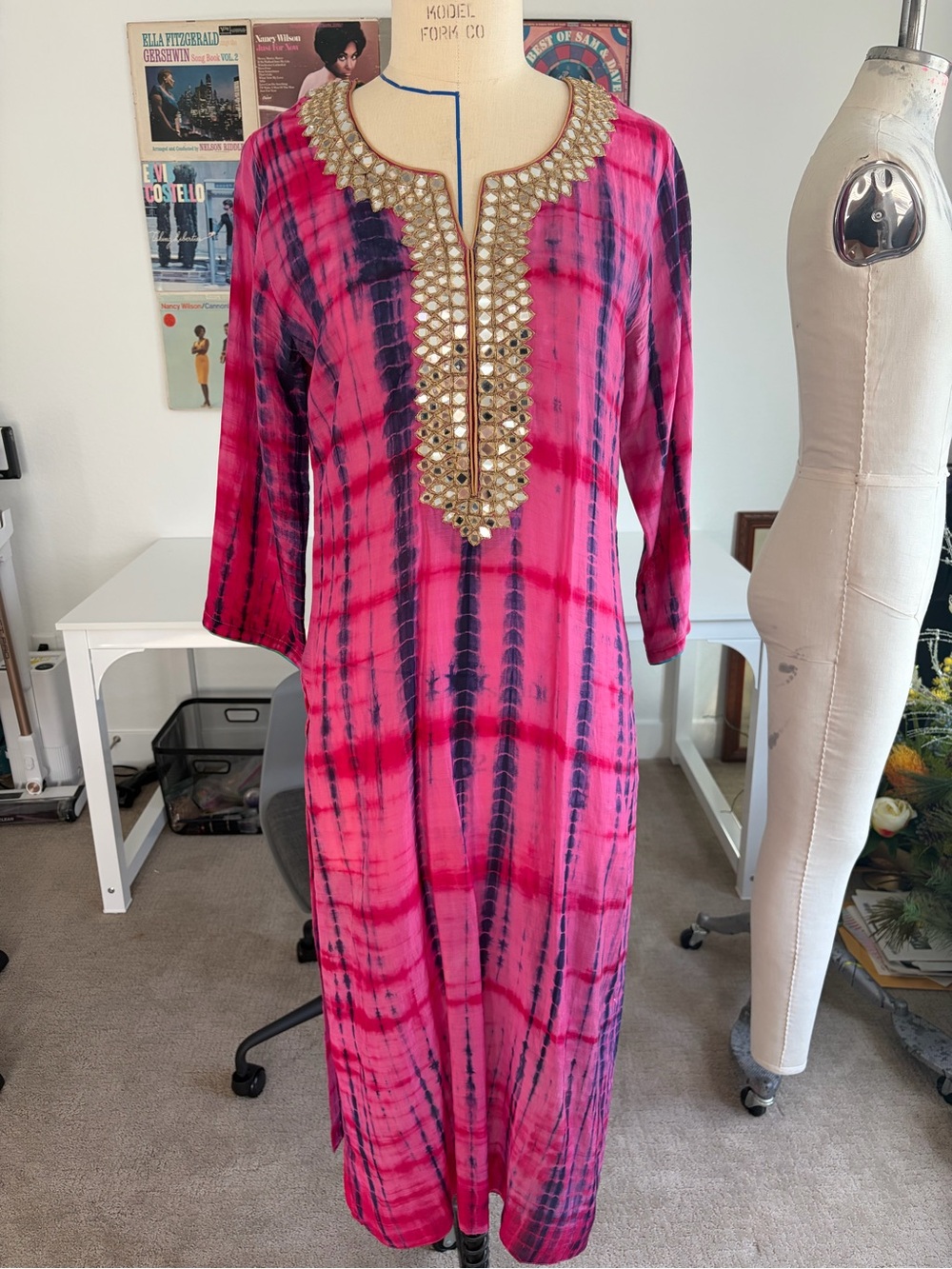 Pink & Navy Tie-Dye Tunic Dress with Gold Mirror Embellishment
